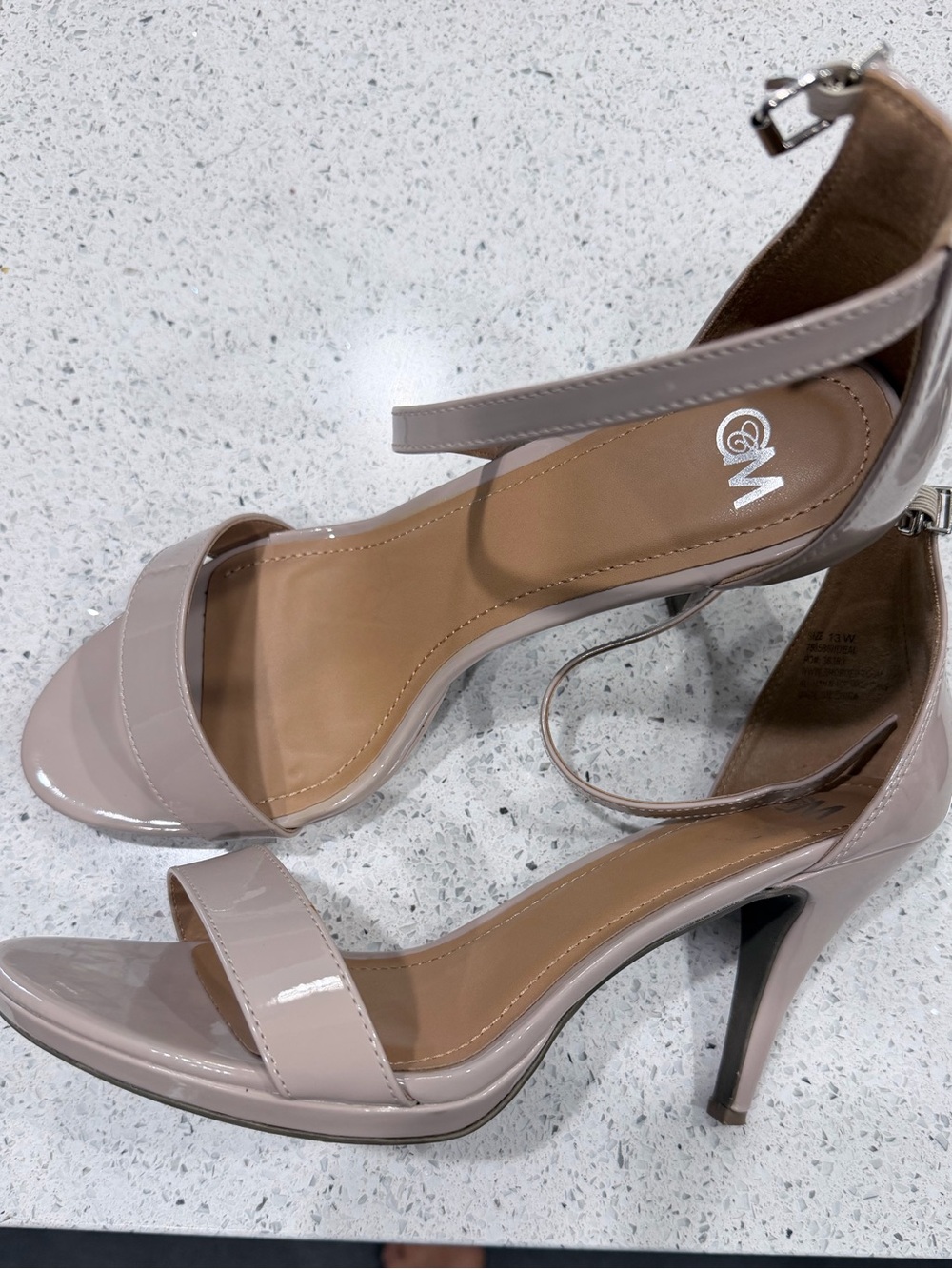Patent Ankle-Strap Stiletto Sandals in Taupe